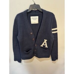 VINTAGE Abercrombie & Fitch Women‎ Sweater S Blue Varsity Cardigan Logo Y2K